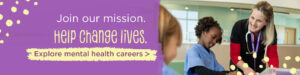 Graphic promoting careers at Camber Mental Health. Text reads: “Join our team. Make a difference every day.” Includes a button-style prompt that says “Apply now.” Background features a calming photo of a smiling staff member in a care setting. 