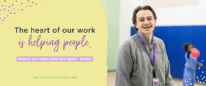 Smiling Camber Mental Health staff member in gym with text: The heart of our work is helping people.