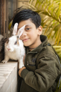 Outdoor close-up Image of cute little boy playing with pet rabbit.